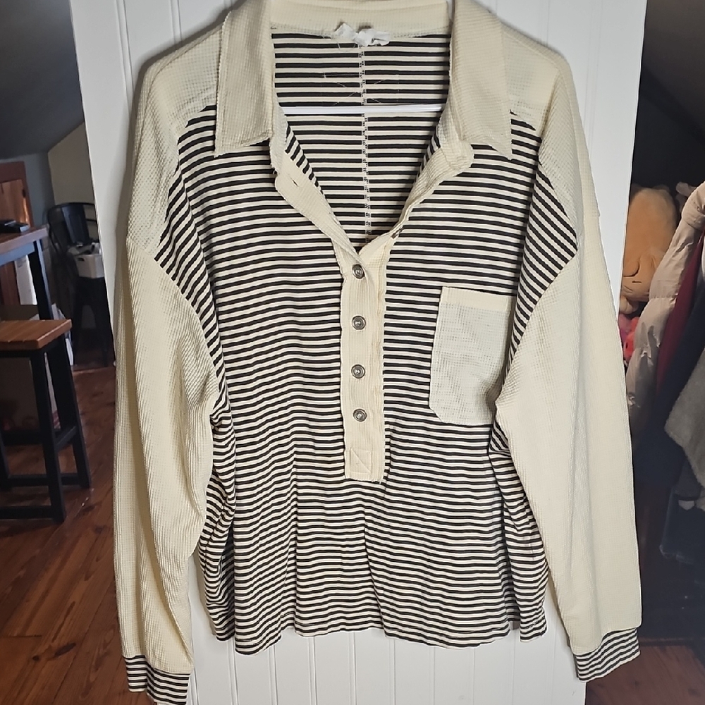 Sewn + Seen Striped Cream & Black Long Sleeve Polo Sweatshirt